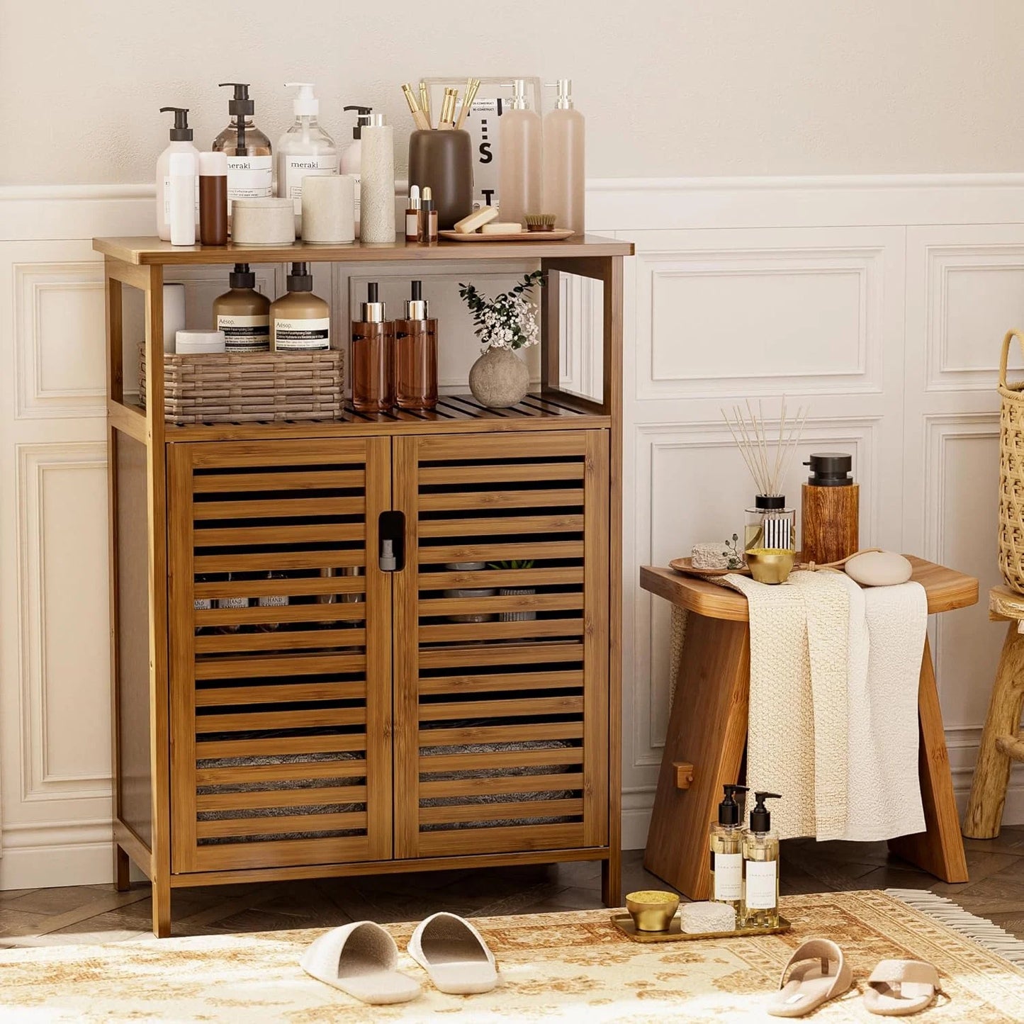 Bathroom Cabinet Freestanding, Bamboo Storage Cabinet 4-Tier Floor Cupboard with Door and Shelf for Bathroom, Kitchen, Hallway, Natural