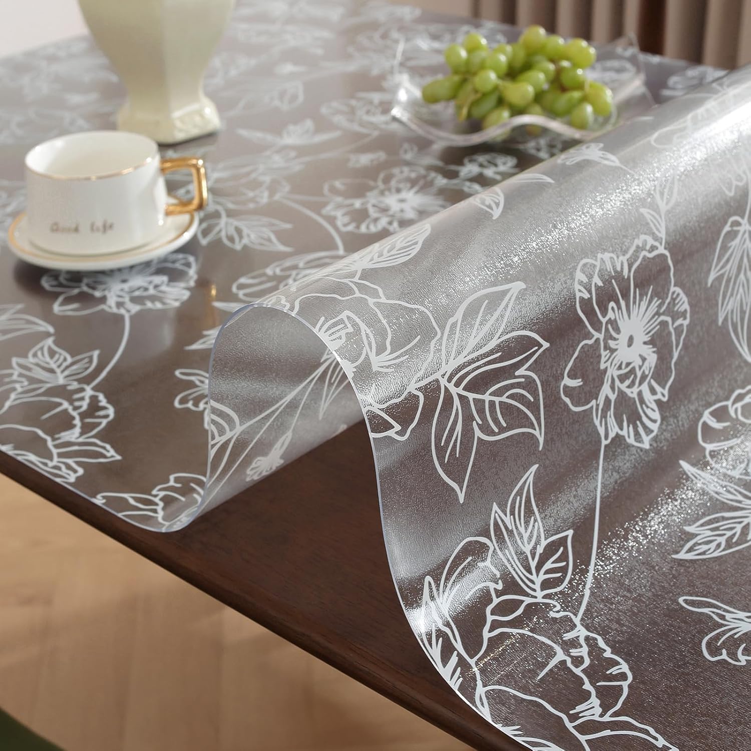 Warmstar Floral Table Protector 24 x 48 Inch, 1.5mm Thick Plastic Table Cover, Waterproof Dining Tabletop Protector Rectangle Vinyl Tablecloth PVC Desk Pad Mat for Kitchen, Wooden Table