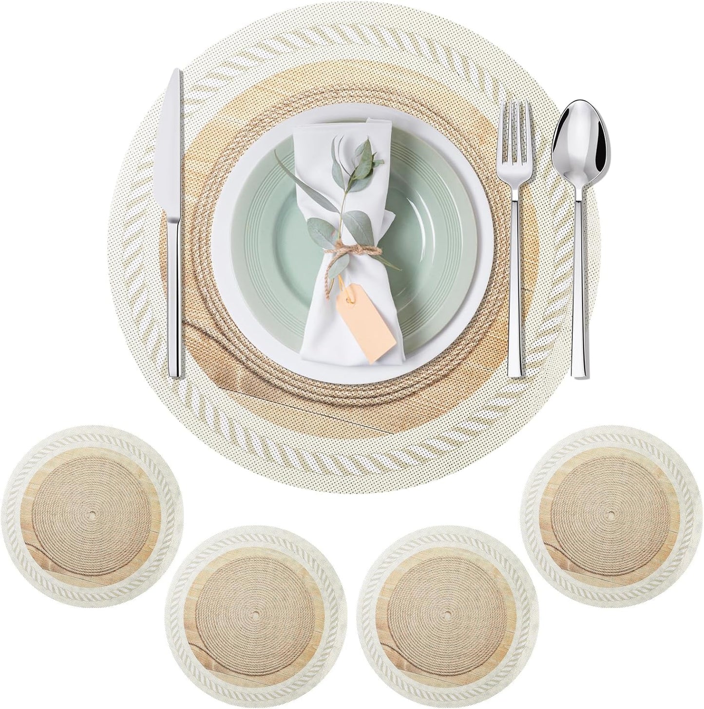 15 Inch Placemats Set of 4,Lace PVC Vinyl Round Place Mats,Non-Slip Waterproof Table Mats,Durable Washable Wipeable Placemats for Kitchen Dining Party Decor(4, Twisted Rope Braiding)