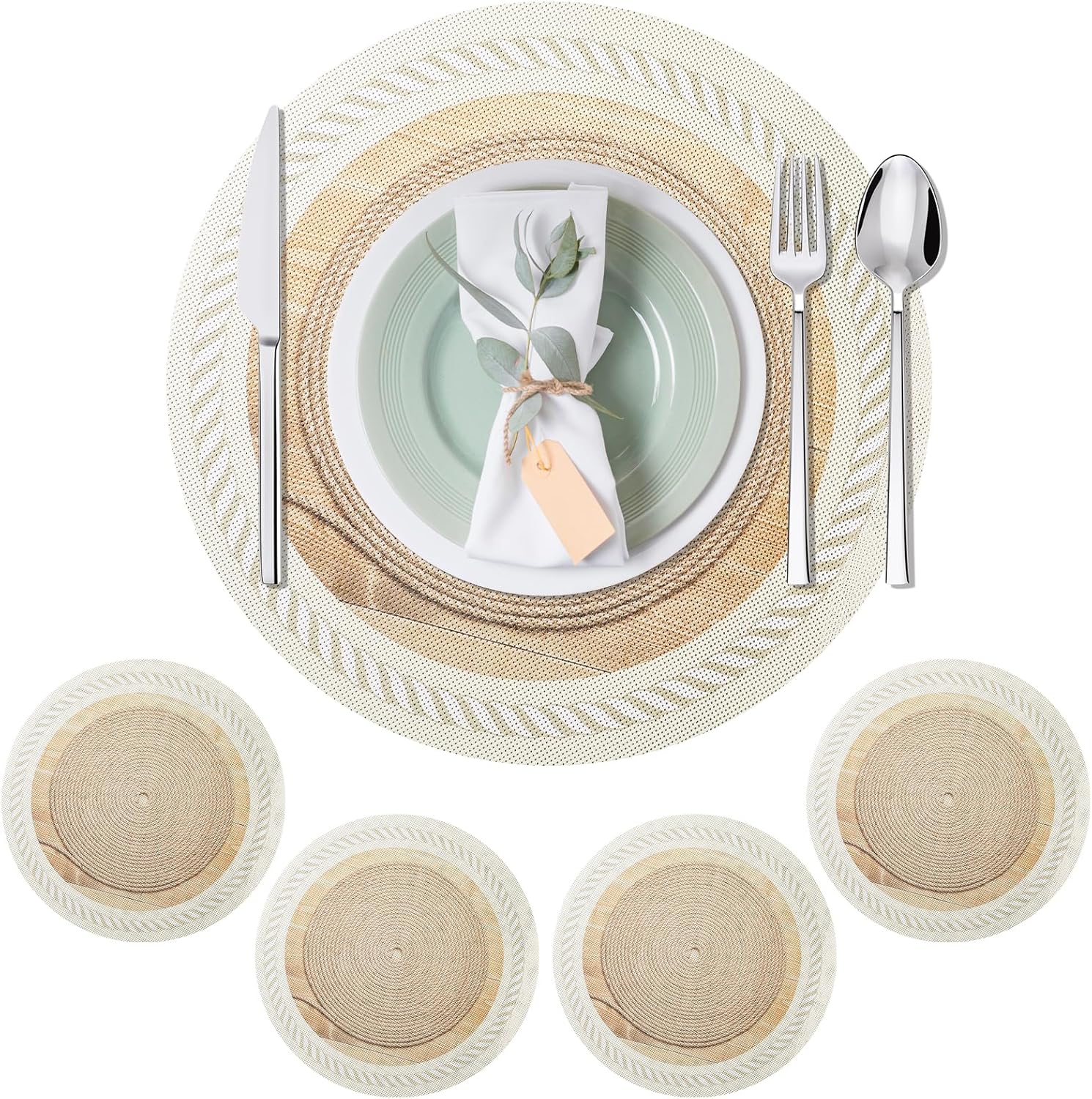 15 Inch Placemats Set of 4,Lace PVC Vinyl Round Place Mats,Non-Slip Waterproof Table Mats,Durable Washable Wipeable Placemats for Kitchen Dining Party Decor(4, Twisted Rope Braiding)