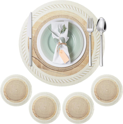15 Inch Placemats Set of 4,Lace PVC Vinyl Round Place Mats,Non-Slip Waterproof Table Mats,Durable Washable Wipeable Placemats for Kitchen Dining Party Decor(4, Twisted Rope Braiding)