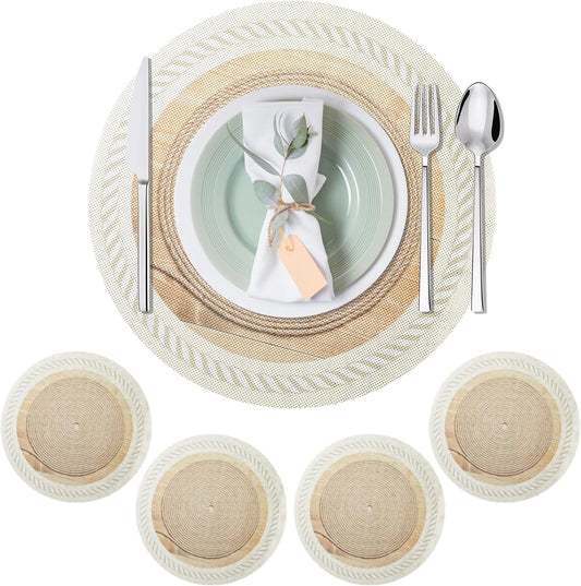 15 Inch Placemats Set of 4,Lace PVC Vinyl Round Place Mats,Non-Slip Waterproof Table Mats,Durable Washable Wipeable Placemats for Kitchen Dining Party Decor(4, Twisted Rope Braiding)