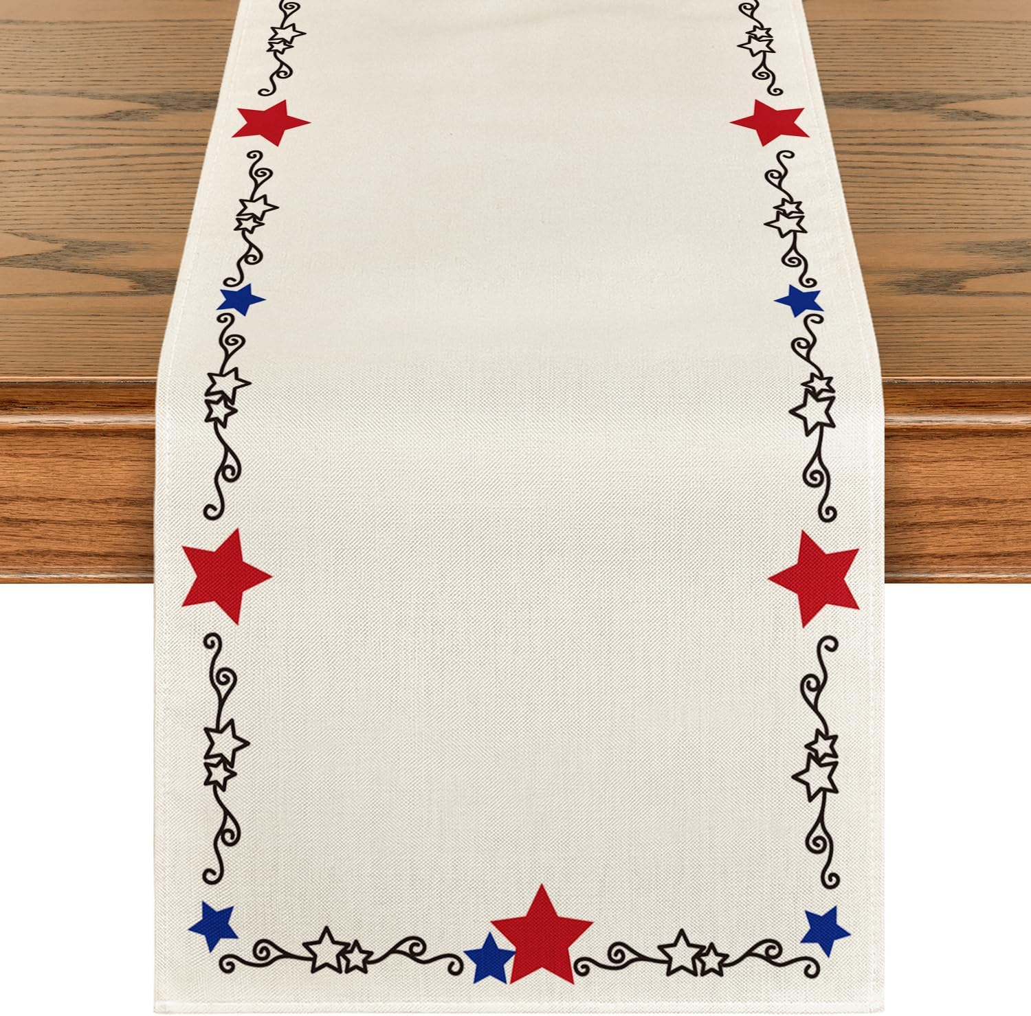 Artoid Mode Beige Patriotic Stars Border 210 GSM 4th of July Table Runner, Memorial Day Kitchen Dining Table Decoration for Home Party Decor 13x36 Inch