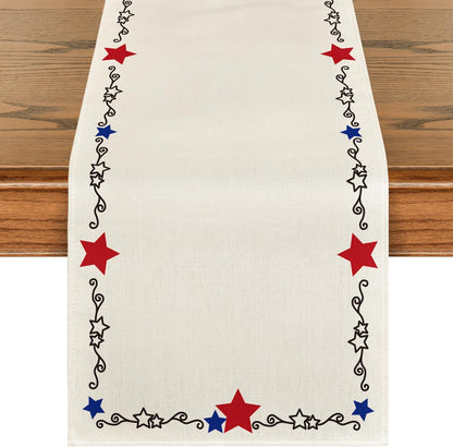 Artoid Mode Beige Patriotic Stars Border 210 GSM 4th of July Table Runner, Memorial Day Kitchen Dining Table Decoration for Home Party Decor 13x36 Inch