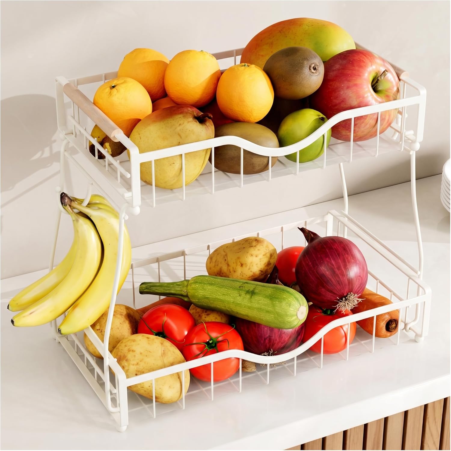 2 Tier Fruit Basket for Kitchen Countertop with 2 Banana Hangers,Detachable Metal Fruit Bowl with Wooden Handles and Protective Pads,Large Capacity Fruit and Vegetable Basket Organizer