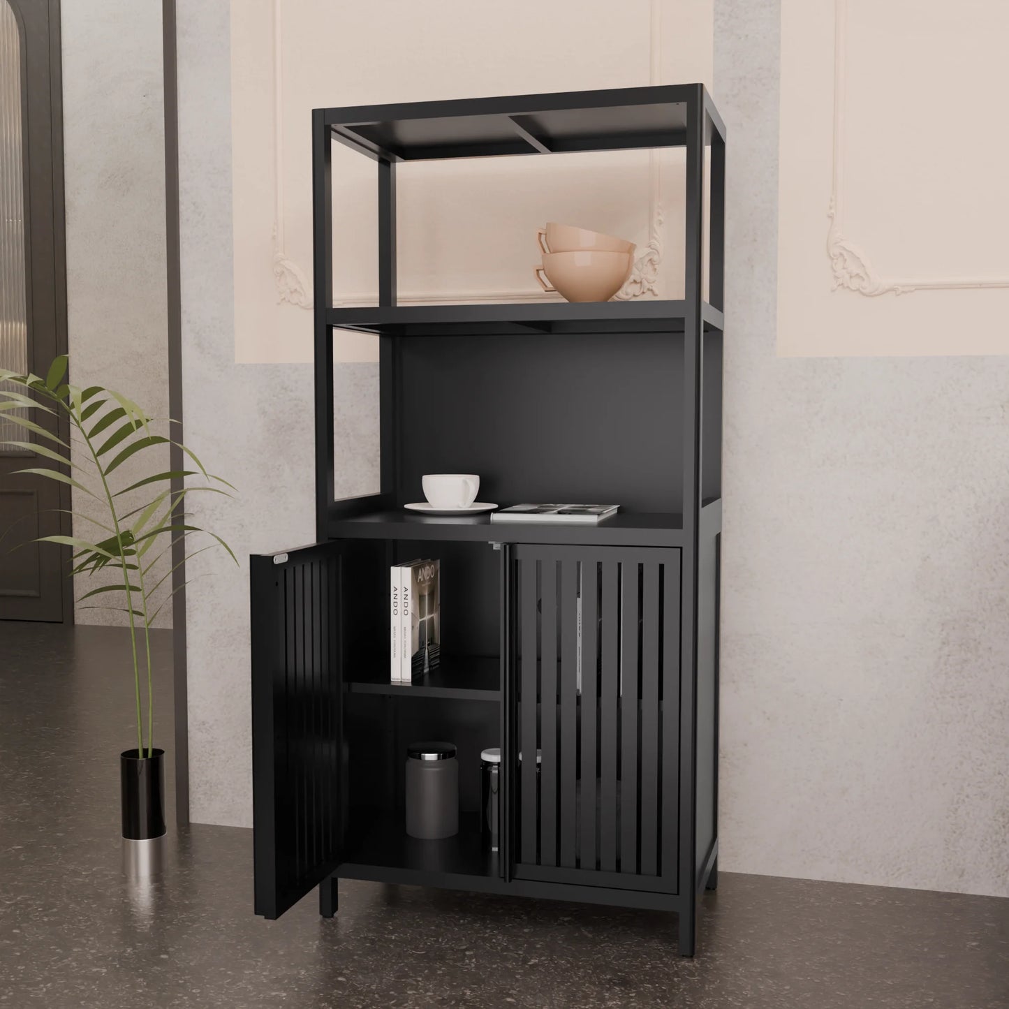 Yoneston 4-Tier Bamboo Bathroom Shelf Storage Cabinet, Freestanding Floor Cabinet with 2 Doors, Display Shelves for Living Room, Black