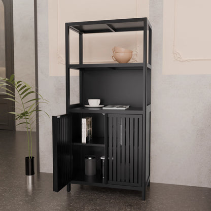 Yoneston 4-Tier Bamboo Bathroom Shelf Storage Cabinet, Freestanding Floor Cabinet with 2 Doors, Display Shelves for Living Room, Black