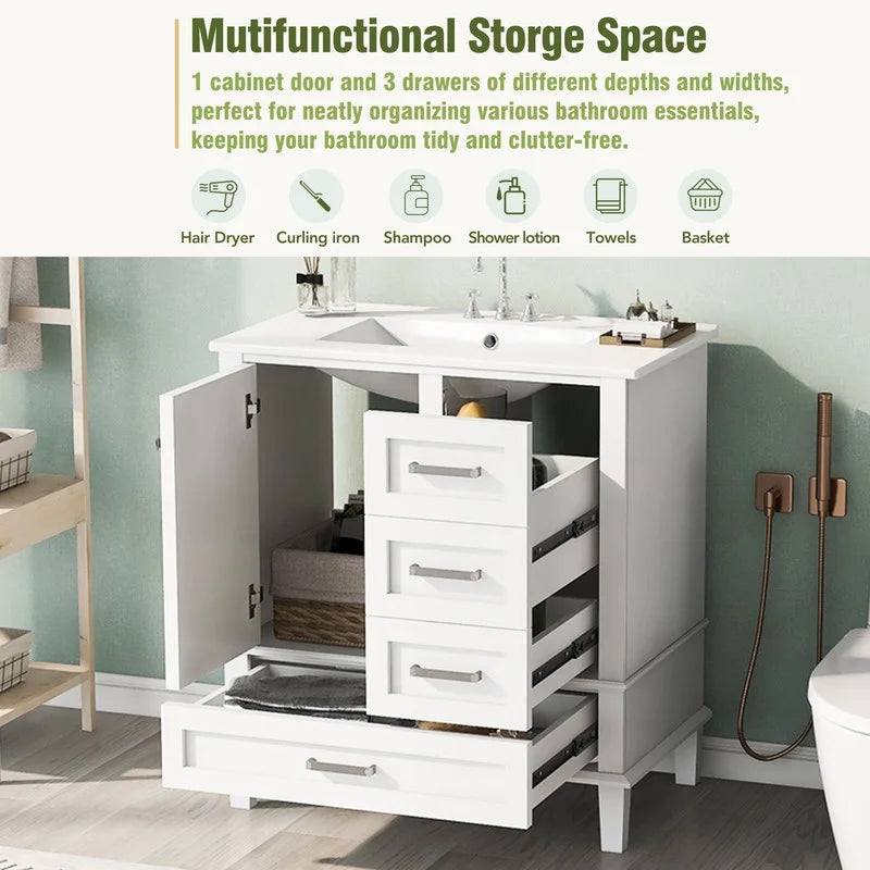 Bellemave 30" Bathroom Vanity with Sink, Cabinet with Sink Combo Set with Top, Bathroom Storage Cabinet with 3 Drawers and 1 Soft Closing Door, 30 Inch Vanity with Sink for Bathroom（White）