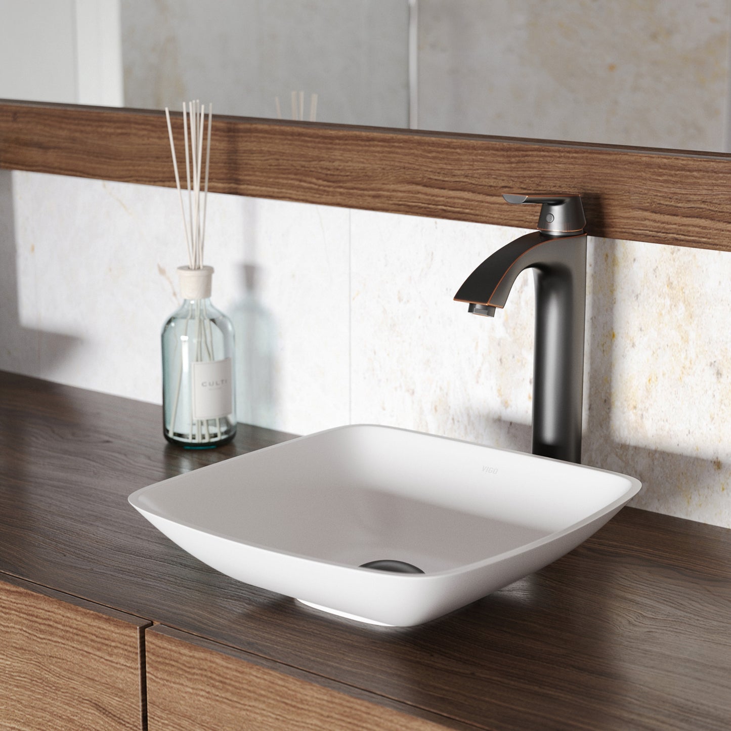 VIGO Hyacinth Modern White Matte Stone 14 in. L x 14 in. W x 4 in. H Square Vessel Bathroom Sink