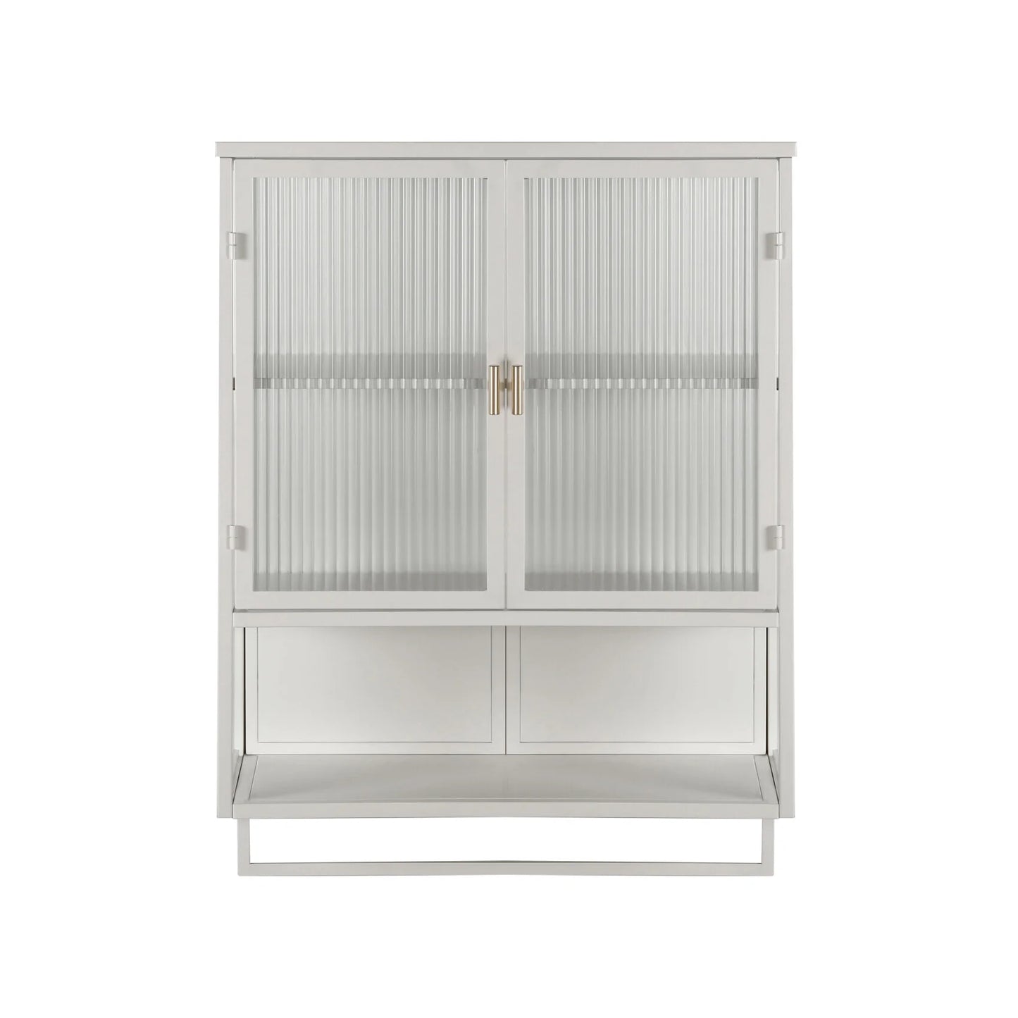 Two-door Wall Cabinet, Modern Kitchen Wall Mounted Cabinet with 2 Glass Doors, Two-tier Enclosed Storage, an Open Shelf, Towel Rack, Metal Wall Cabinet for Entryway, Living Room, Bathroom, White