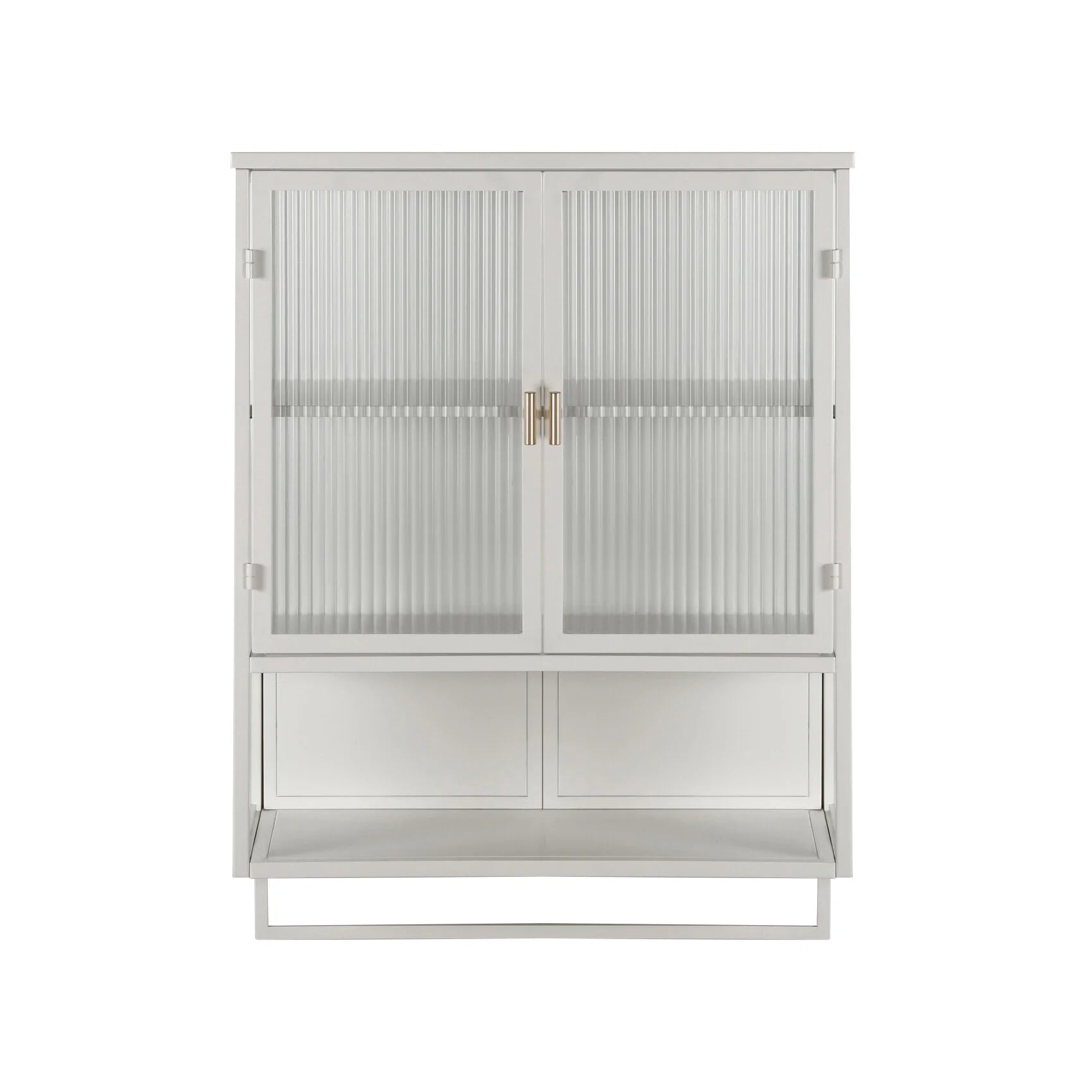 Two-door Wall Cabinet, Modern Kitchen Wall Mounted Cabinet with 2 Glass Doors, Two-tier Enclosed Storage, an Open Shelf, Towel Rack, Metal Wall Cabinet for Entryway, Living Room, Bathroom, White