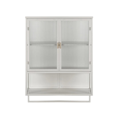 Two-door Wall Cabinet, Modern Kitchen Wall Mounted Cabinet with 2 Glass Doors, Two-tier Enclosed Storage, an Open Shelf, Towel Rack, Metal Wall Cabinet for Entryway, Living Room, Bathroom, White