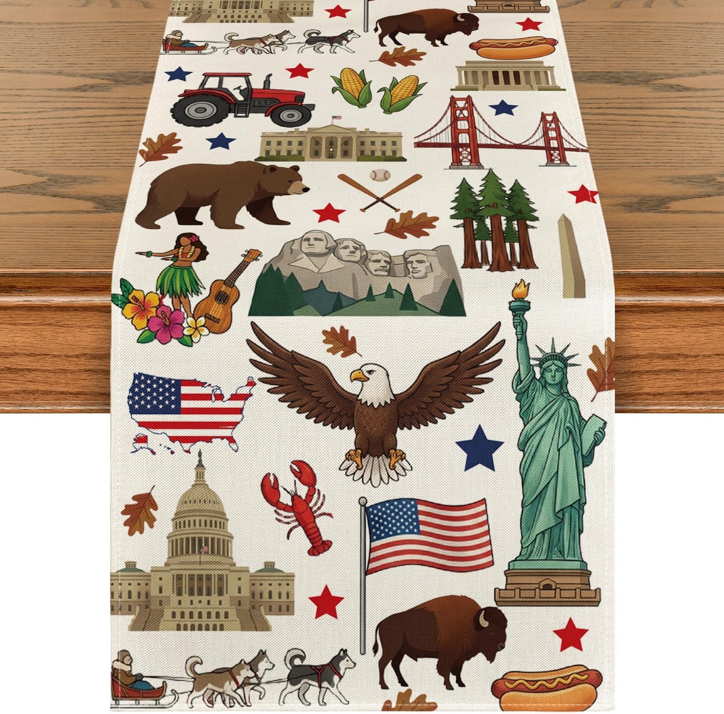 Artoid Mode American Flag Map Eagle 210 GSM 4th of July Table Runner, Memorial Day Kitchen Dining Table Decoration for Home Party Decor 13x48 Inch
