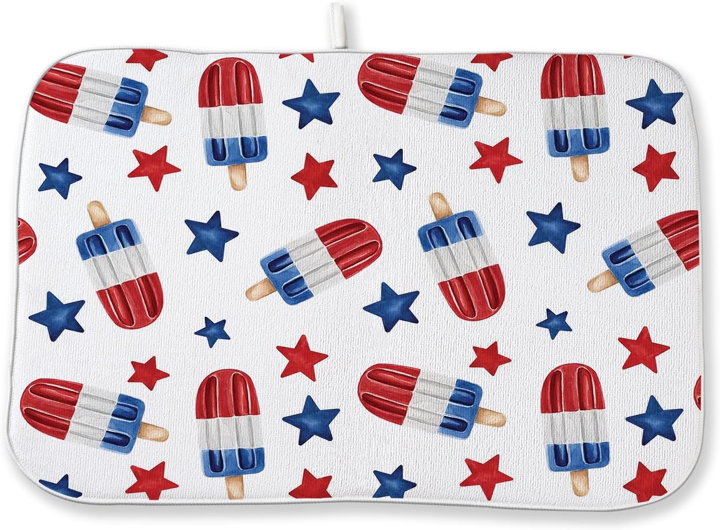 4th of July Dish Drying Mat 18x24 Inch Blue Red Ice Cream Stars Patriotic Drying Mat Independence Day Memorial Day Absorbent Dish Drying Pad Dish Rack Drainer Mats for Kitchen Dining Counter