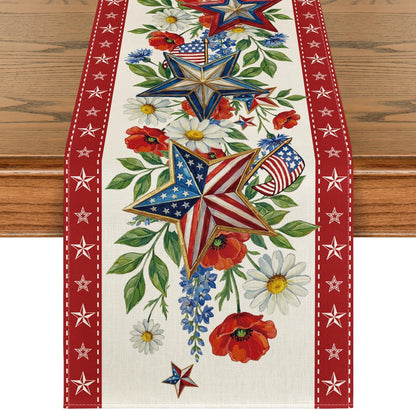 Artoid Mode American Flag Stars Flowers 210 GSM 4th of July Table Runner, Memorial Day Kitchen Dining Table Decoration for Home Party Decor 13x36 Inch