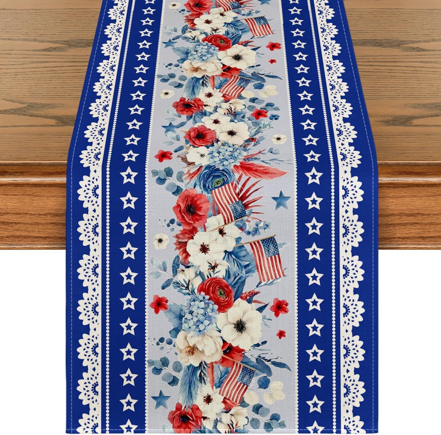 Artoid Mode Blue Poppy American Flag Stars 210 GSM 4th of July Table Runner, Memorial Day Kitchen Dining Table Decoration for Home Party Decor 13x36 Inch