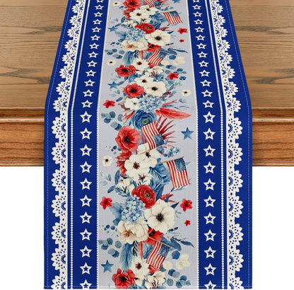 Artoid Mode Blue Poppy American Flag Stars 210 GSM 4th of July Table Runner, Memorial Day Kitchen Dining Table Decoration for Home Party Decor 13x36 Inch