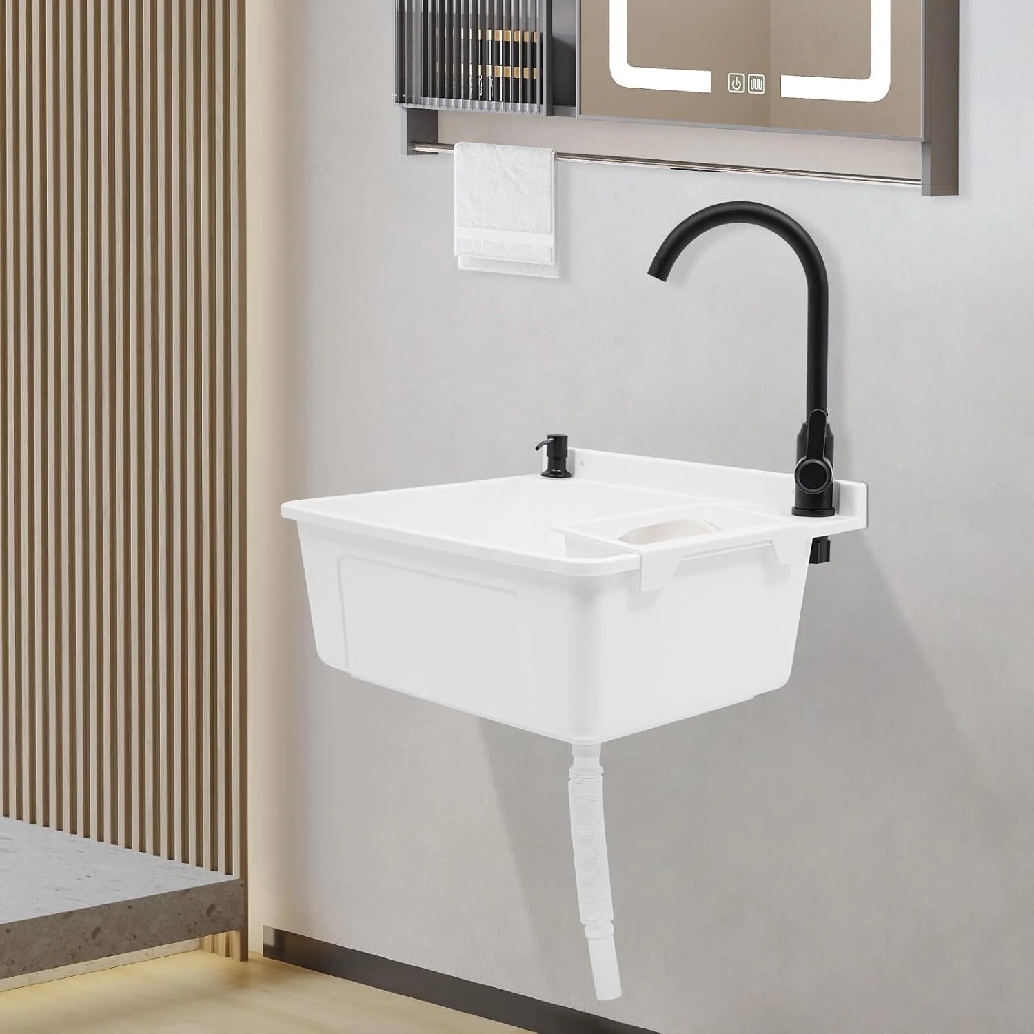 Wall-Mounted Utility Sink Tub Kit with Aluminum Alloy Faucet and Soap Box,Black Anti-clogging Laundry Sink for Bathrooms, Sundry Rooms, Garages(White)
