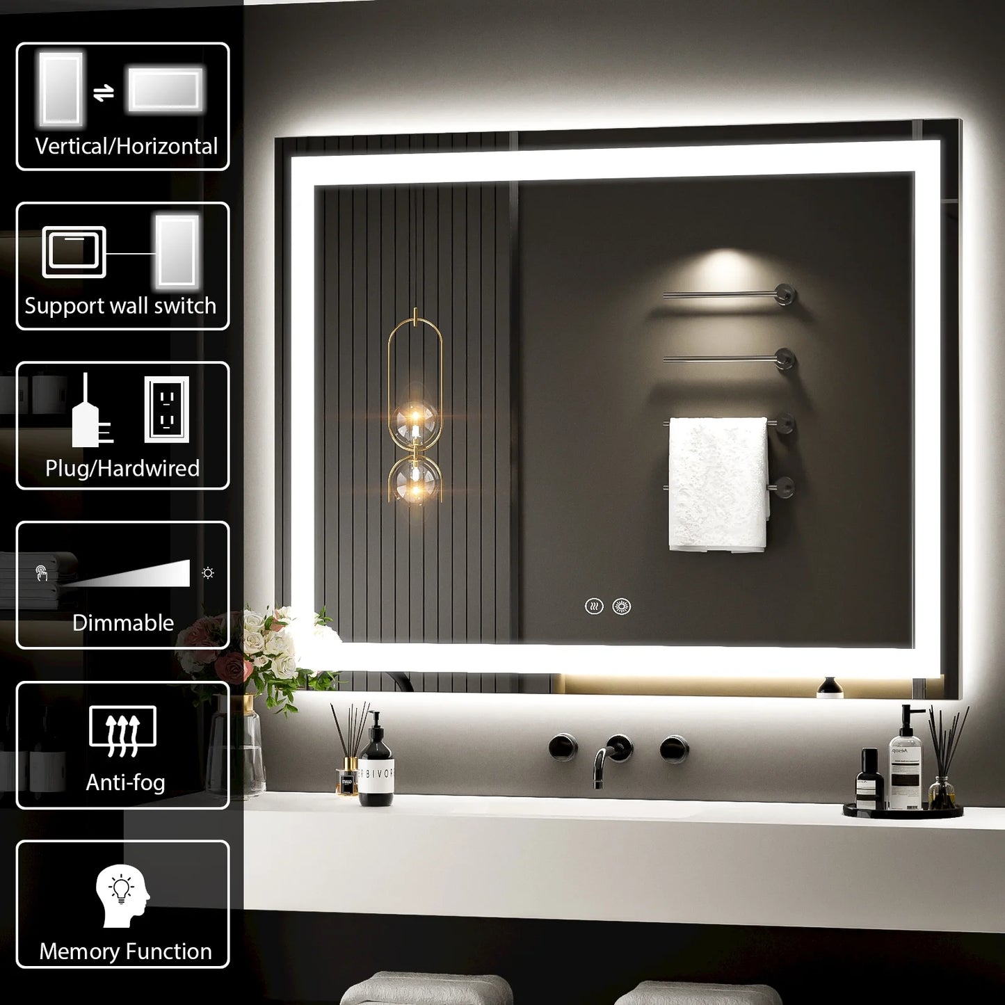 JSneijder 40x32 inch LED Bathroom Mirror, Wall Mounted Frameless Lighted Bathroom Mirror, Dimmable, Anti-Fog, Horizontal/Vertical