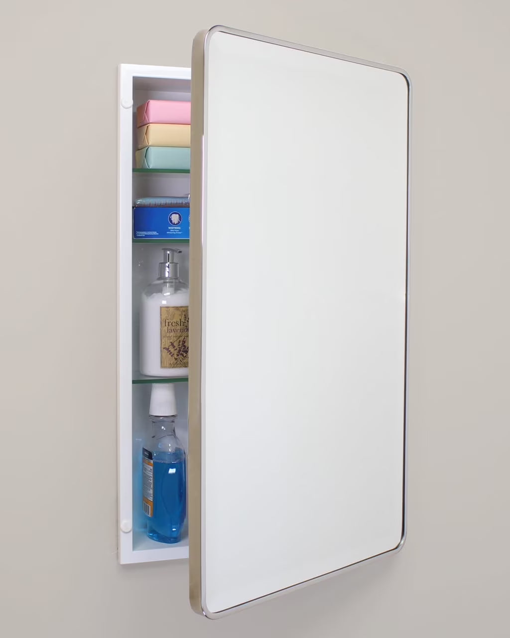16x26 Austin Farmhouse Metal Framed Rounded Rectangle Recessed Bathroom Medicine Cabinet, Beveled Mirror, 14x24 in-Wall Opening, Powder-coated Steel, Adjustable Glass Shelves, Magnet Close, Gold