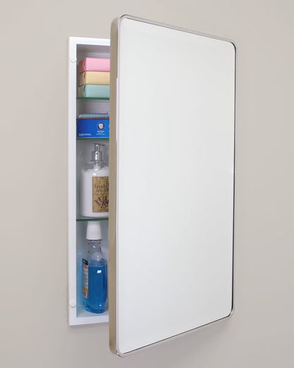 16x26 Austin Farmhouse Metal Framed Rounded Rectangle Recessed Bathroom Medicine Cabinet, Beveled Mirror, 14x24 in-Wall Opening, Powder-coated Steel, Adjustable Glass Shelves, Magnet Close, Gold