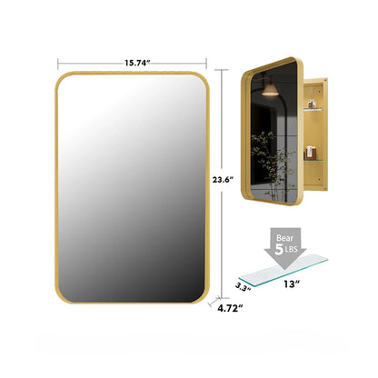 16x24 Inch Bathroom Mirror Cabinet with Adjustable Glass Shelves, Recessed Metal Framed Medicine Cabinet for Storage, Matte Gold