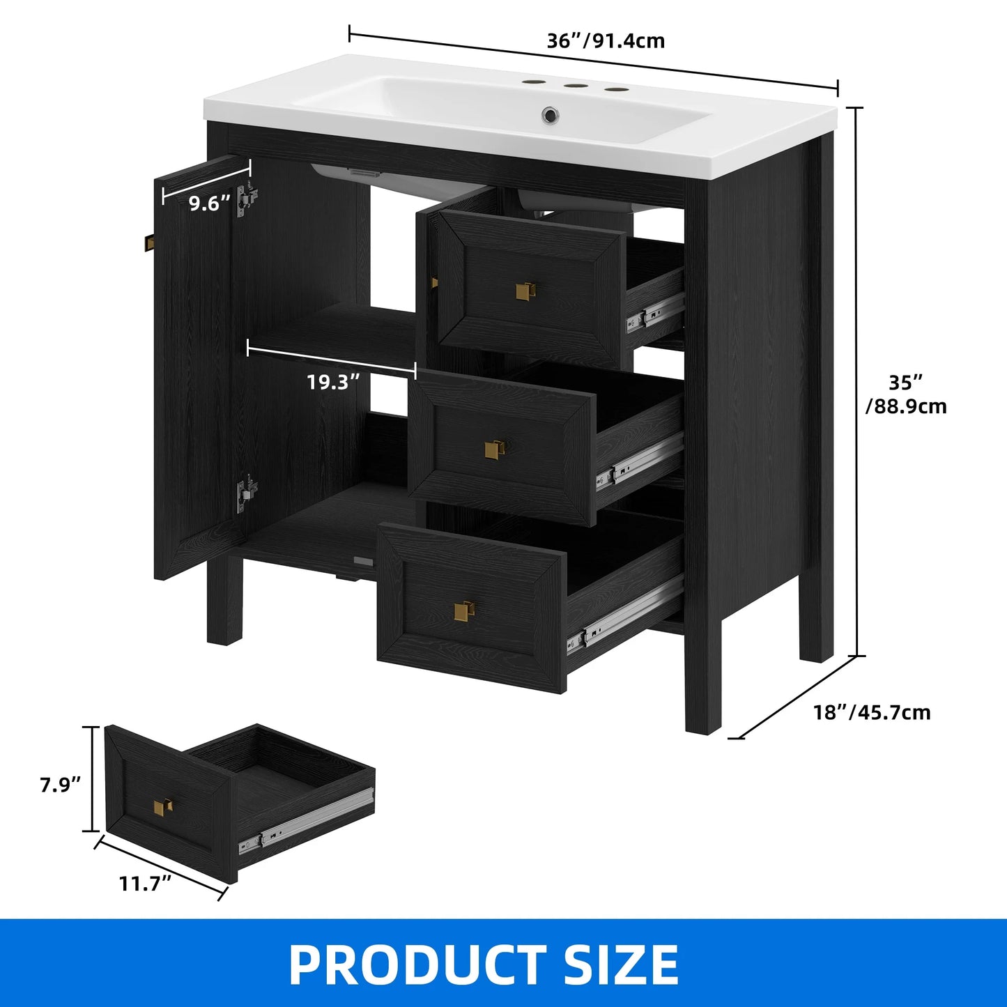 Dextrus 36'' Modern Bathroom Vanity with Sink Combo, Freestanding Bathroom Storage Cabinet with Drawers & Doors, Black