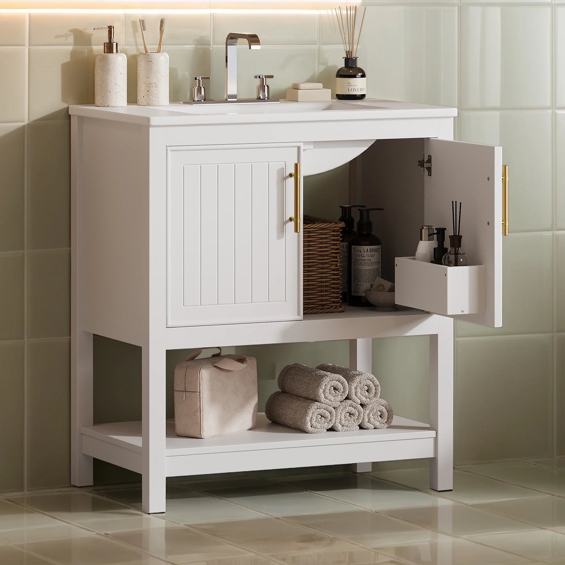 30" Freestanding Single Bathroom Vanity with Ceramic Top and Bottom Open Shelf, White