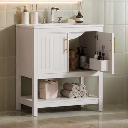 30" Freestanding Single Bathroom Vanity with Ceramic Top and Bottom Open Shelf, White