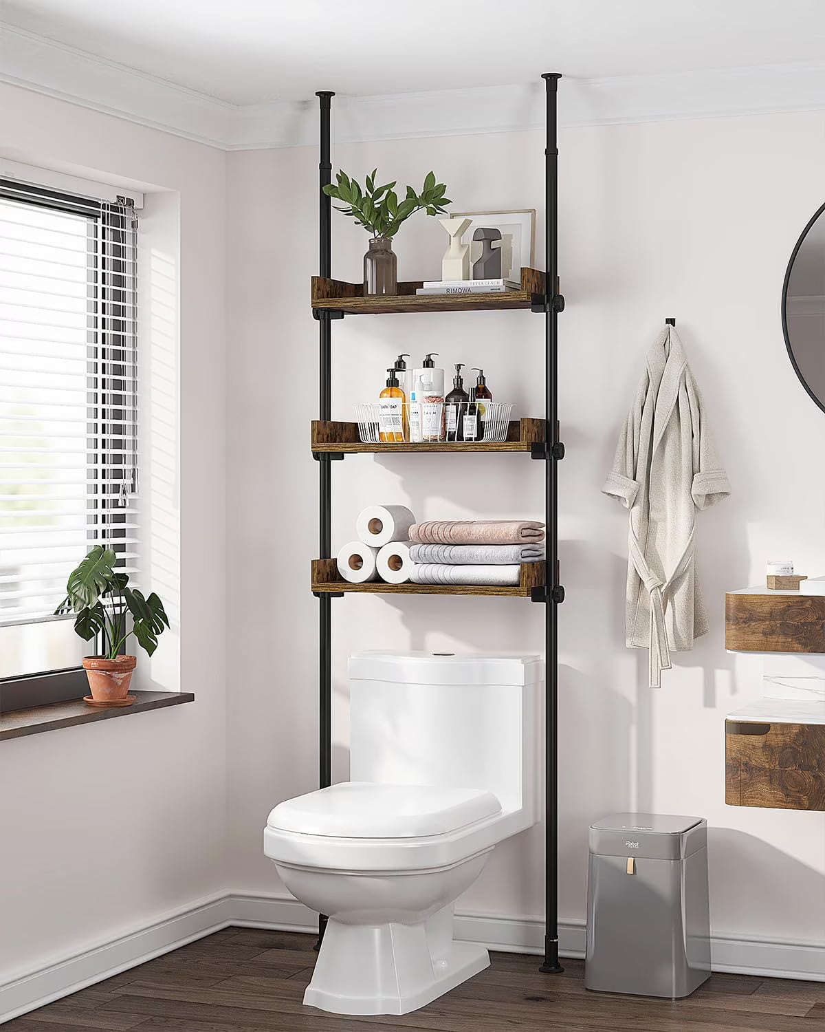 Adjustable Over The Toilet Storage Cabinet, Tension Mount Bathroom Organizers and Storage Over Toilet with 3 Tier Shelves, Over Toilet Bathroom Organizer Fit 92-116 Inch Tall, Rustic Brown