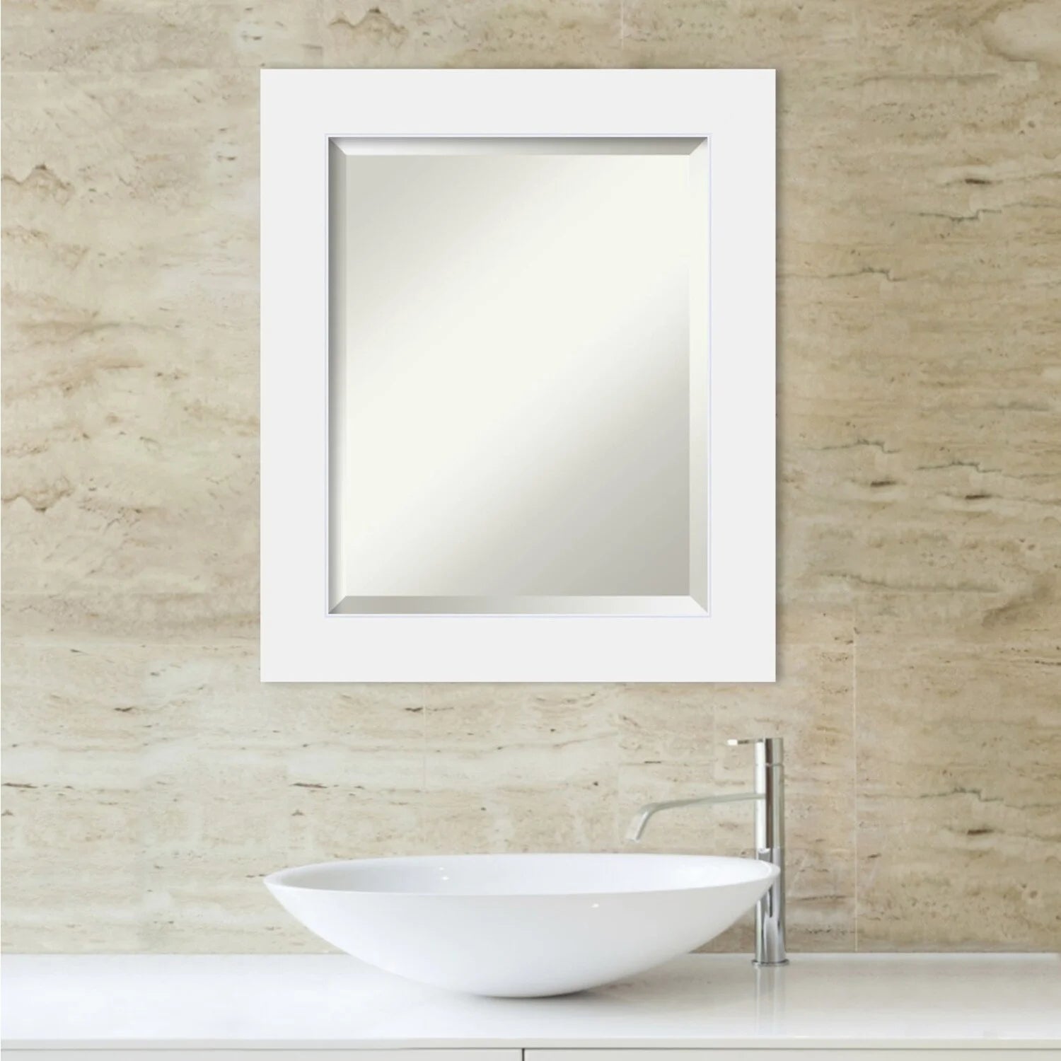 Amanti Art Beveled Wood Bathroom Wall Mirror - Corvino White Frame Outer Size: 21 x 25 in