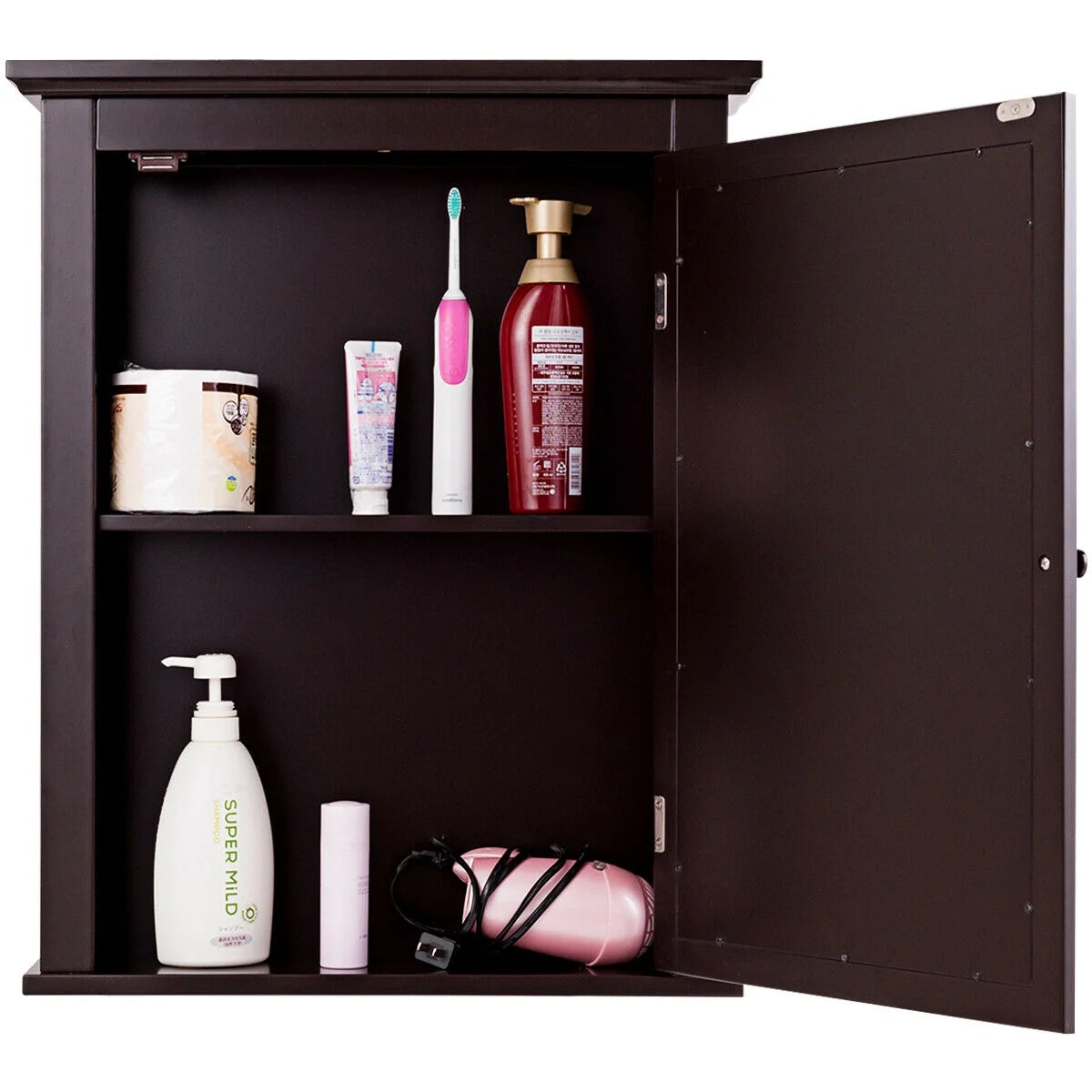 Gymax Bathroom Mirror Cabinet Adjustable Shelf Wall Mounted Medicine Storage Brown