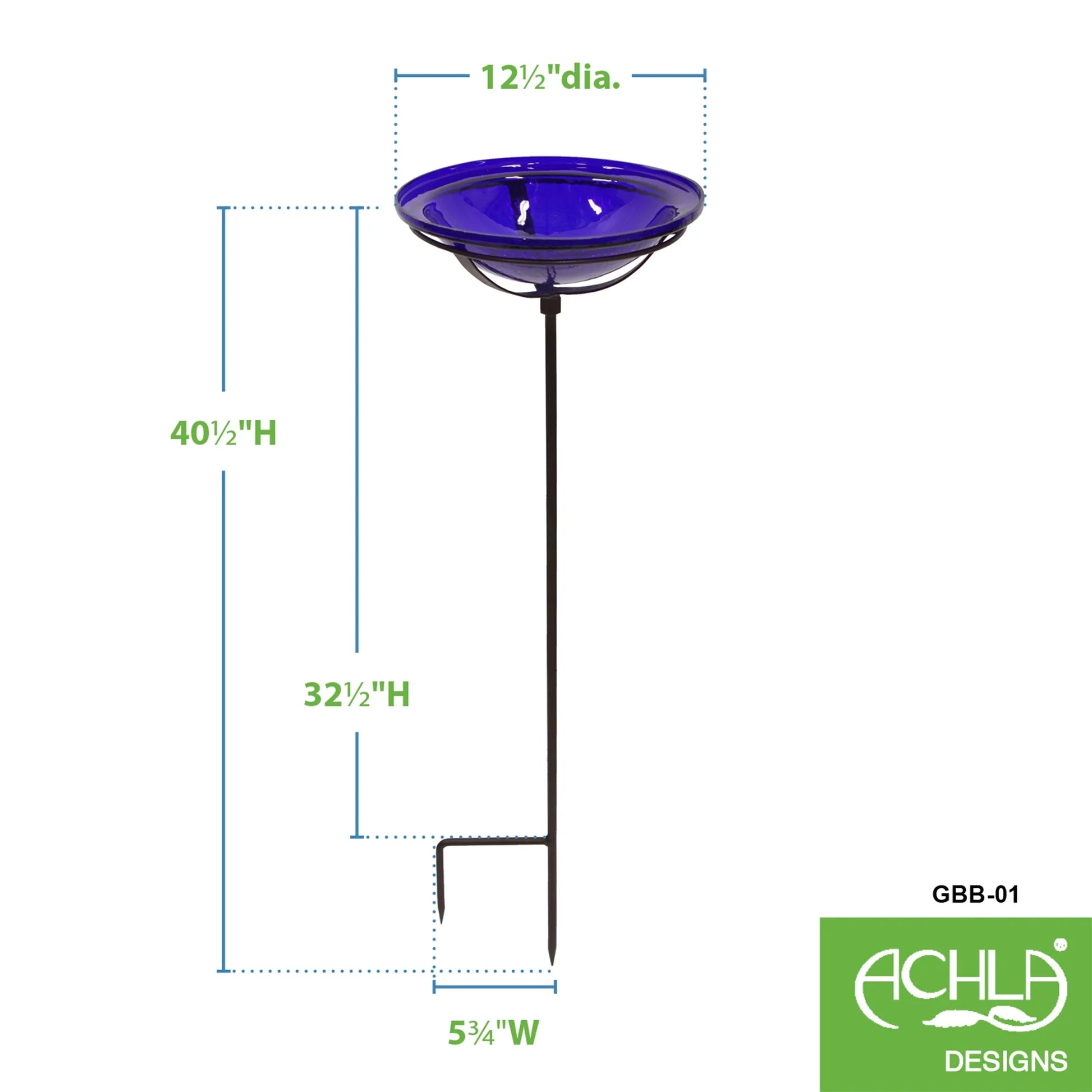 Achla Designs 12 In Hand Blown Crackle Glass Birdbath w/ Stake, Cobalt Blue