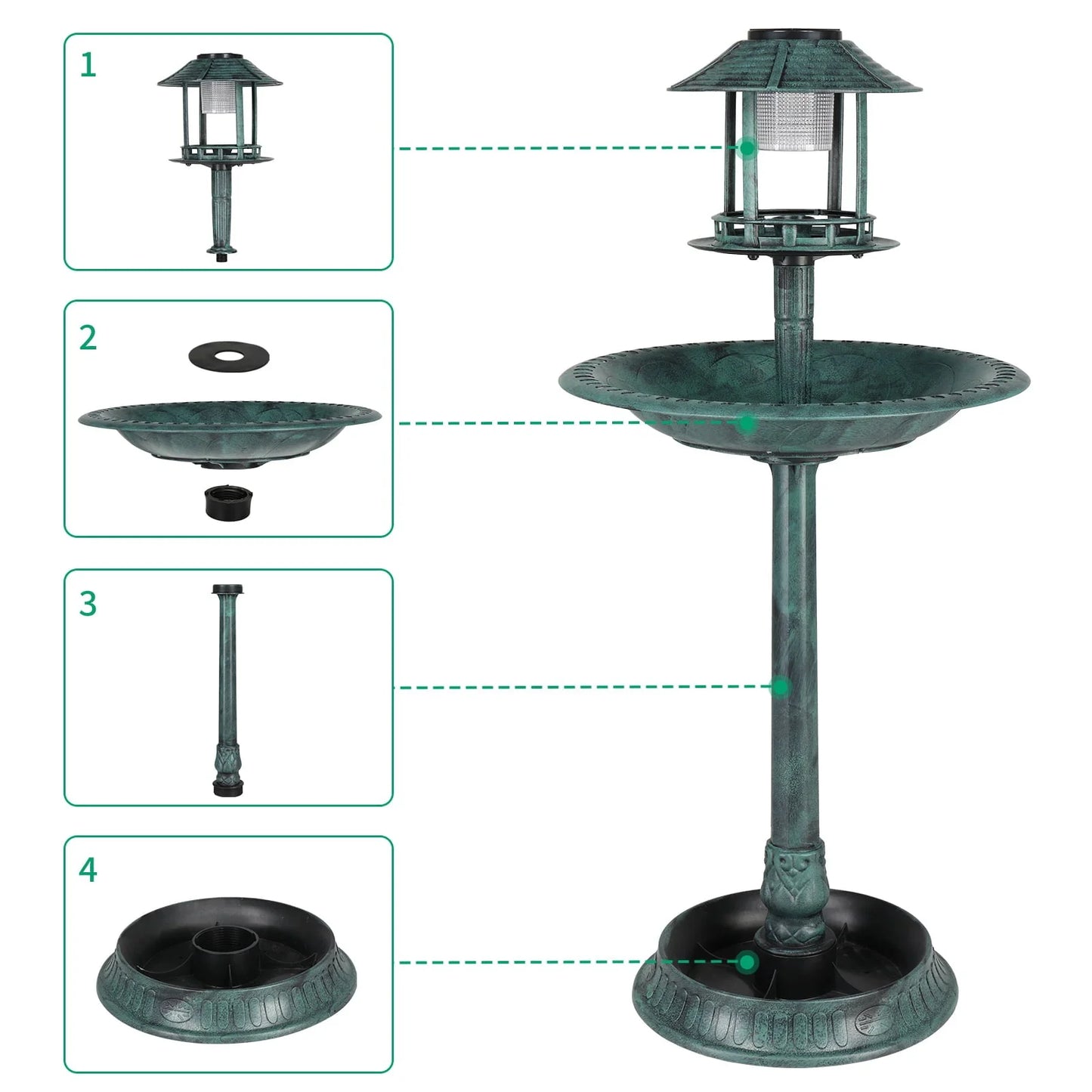 SamyoHome Wild Bird Bath Resin Pedestal Birdbaths with Solar Light Dark Green