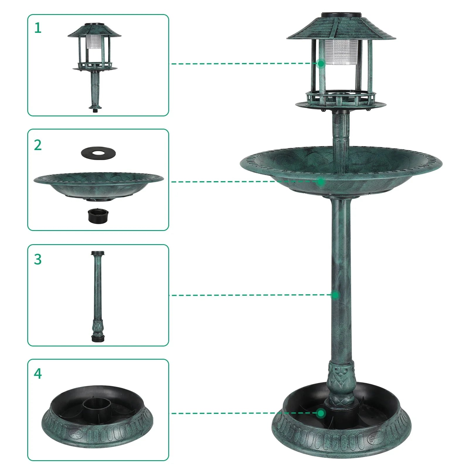 SamyoHome Wild Bird Bath Resin Pedestal Birdbaths with Solar Light Dark Green