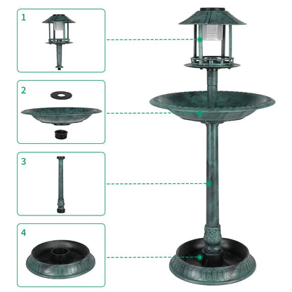 SamyoHome Wild Bird Bath Resin Pedestal Birdbaths with Solar Light Dark Green