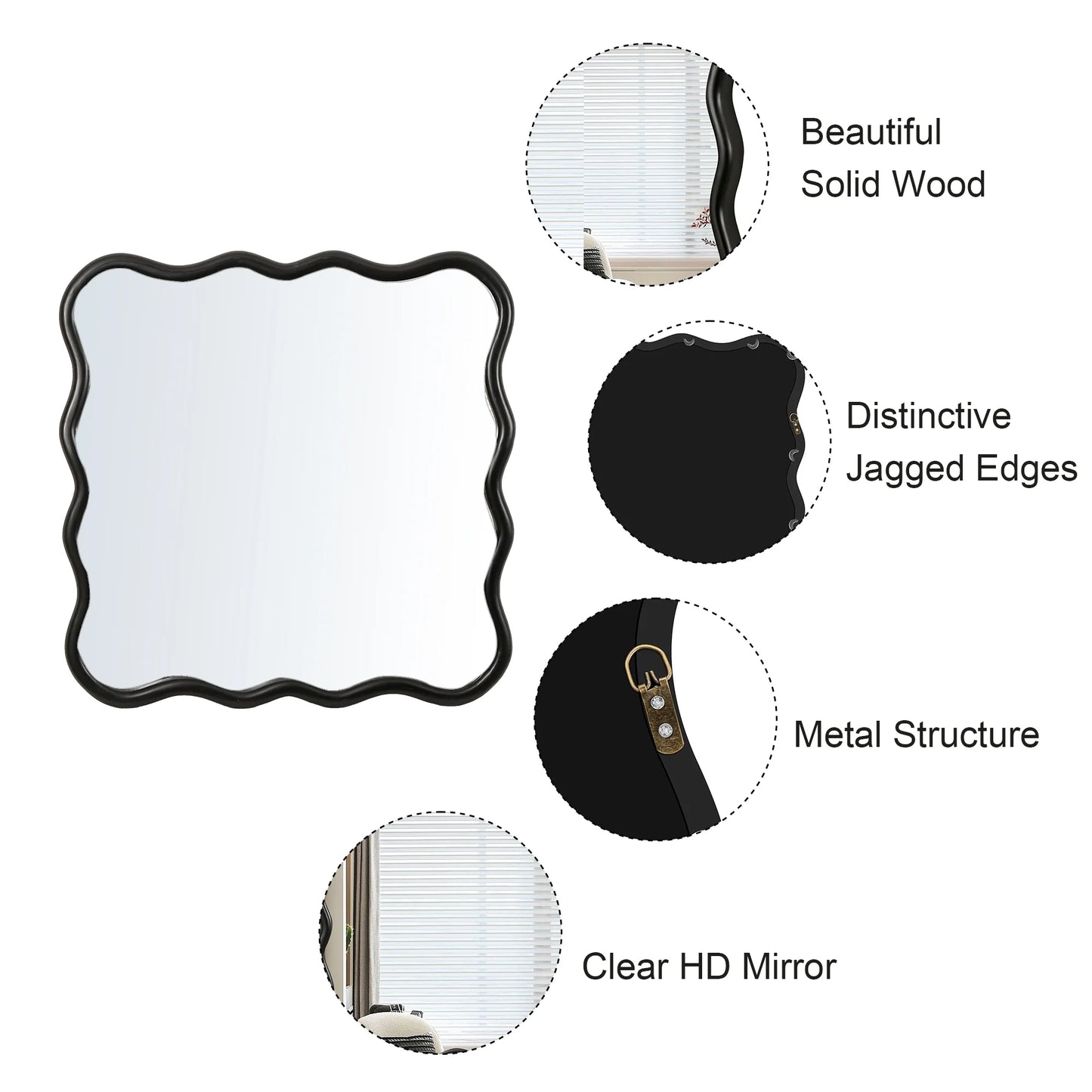 Dasun Solid Wood Wavy Square Mirror-Black 36" x 36" Modern Mirror Wall Decor for Bathroom, Bedroom, Living Room, Dining Room, Cloakroom, Entryway