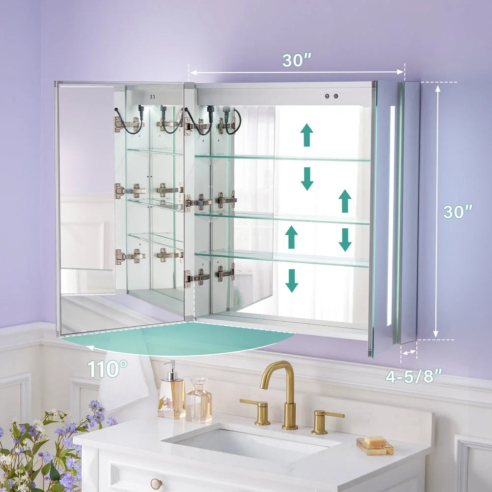 Forclover 30"x30" LED Mirror Medicine Cabinet for Bathroom with Defogger, Dimmer, Lights, Recessed or Surface Mount, Bathroom Cabinet with 3-tier Storage Shelves, Smart Touch, Anodized Aluminum