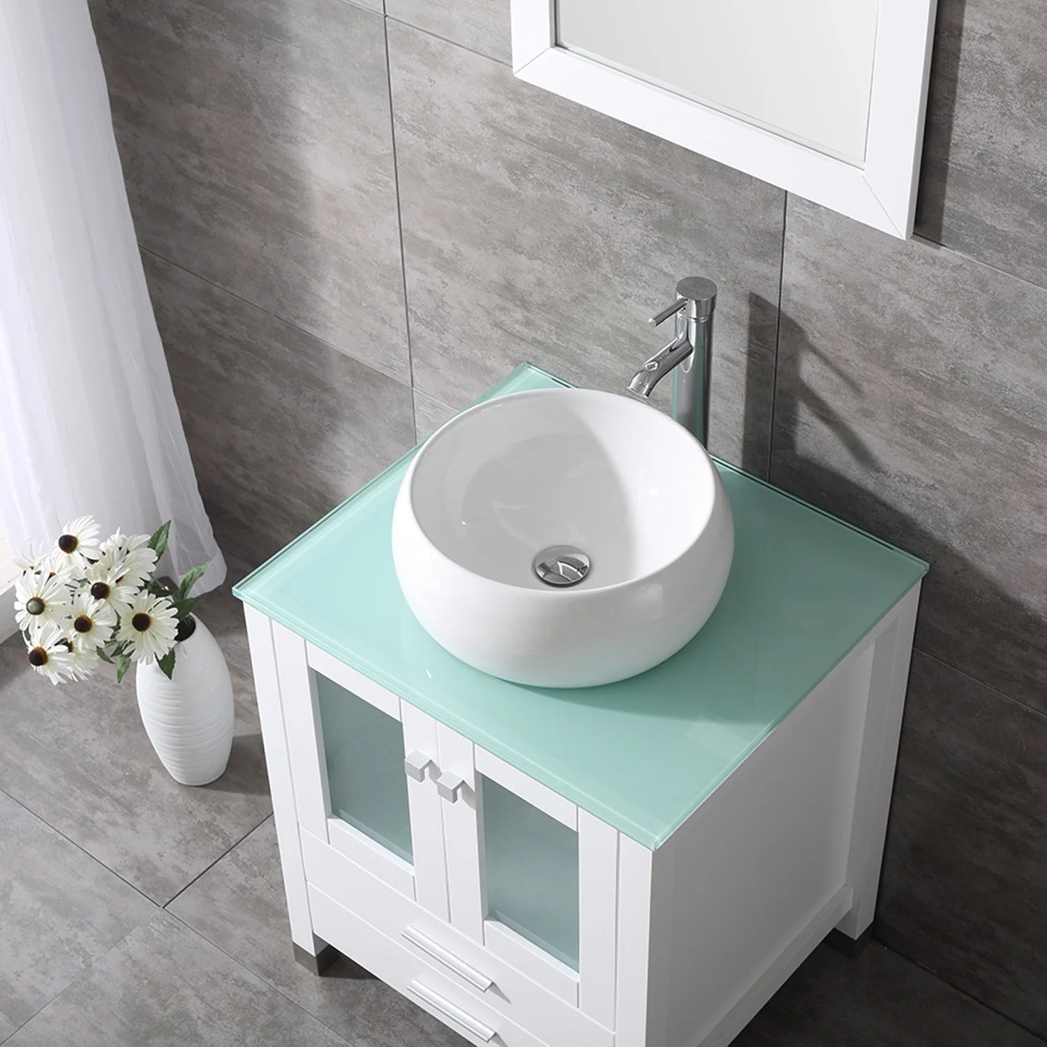 Wonline 24" Bathroom Vanity Cabinet Ceramic Sink Faucet Drain Combo w/ Mirror Set White