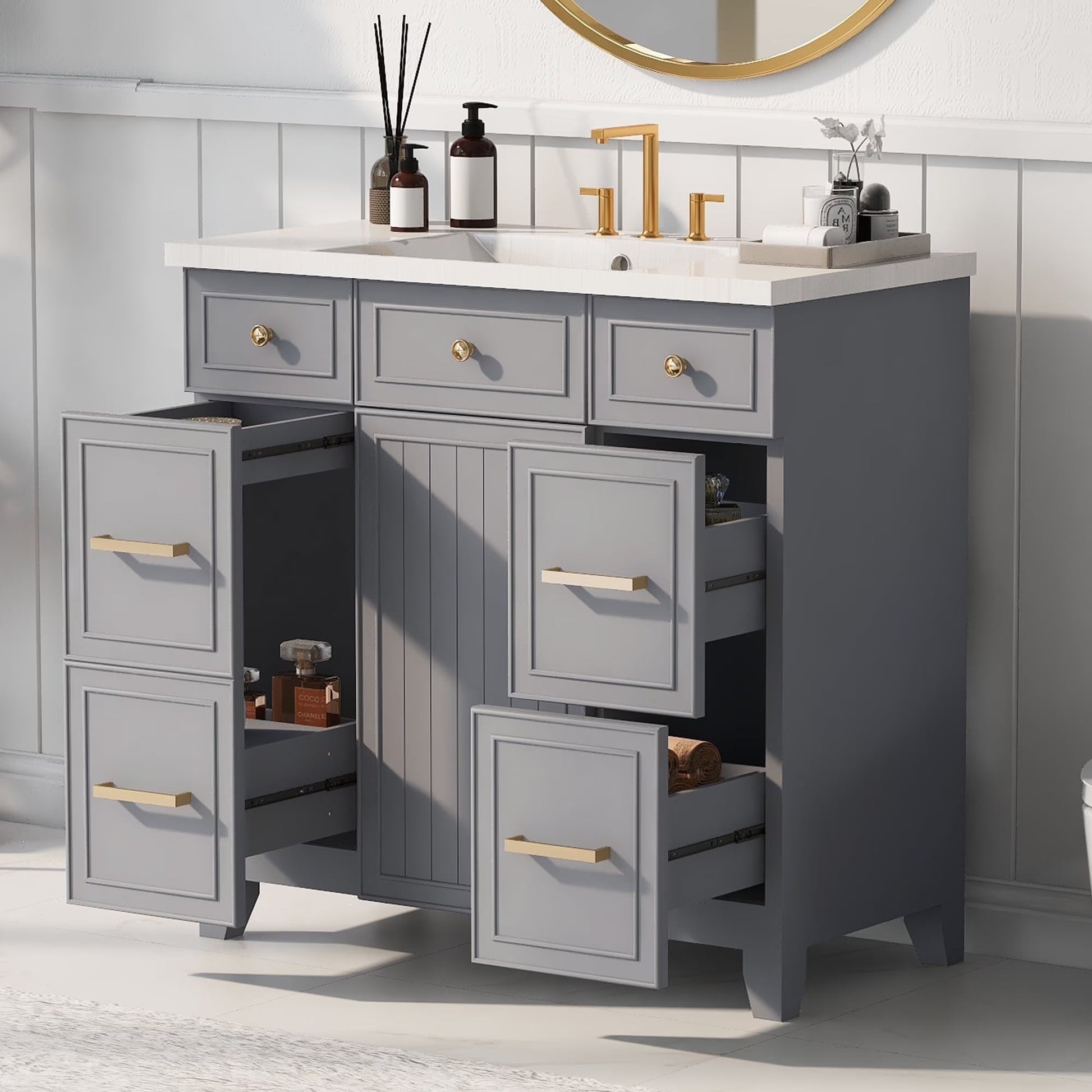 viswild 30" Bathroom Vanity with Ceramic Sink, Soft Close Drawers & Adjustable Shelf, Compact Freestanding Cabinet for Small Spaces, Black