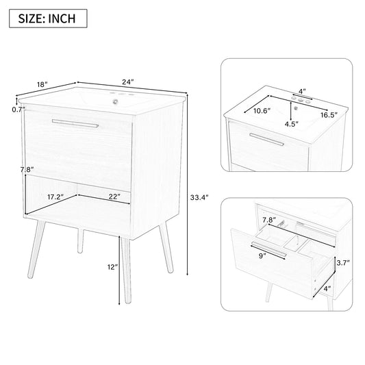 Harper & Bright Designs 24" Bathroom Vanity with Sink Set, Bathroom Vanity Cabinet with Ceramic Top and Drawer, Natural