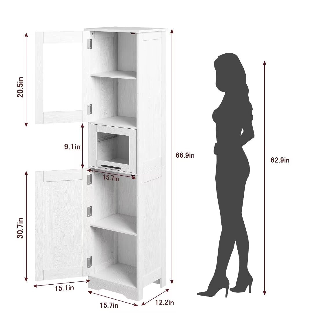 66.9" Tall Bathroom Cabinet, Slim Bathroom Storage Cabinet with Doors and Adjustable Shelf, Freestanding Floor Pantry Cabinet for Kitchen, Living Room, Laundry Room, Home Office, White 15.7 Inch