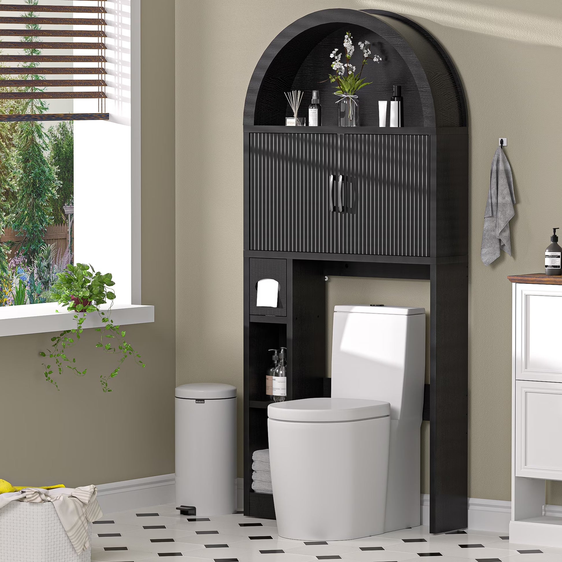 HARIPUL Over The Toilet Storage Cabinet w/ Unique Wood Grain & Arc Design, Freestanding Bathroom Shelf Organizer Space Saver w/ Doors & Anti-Tip Device, Wood Color