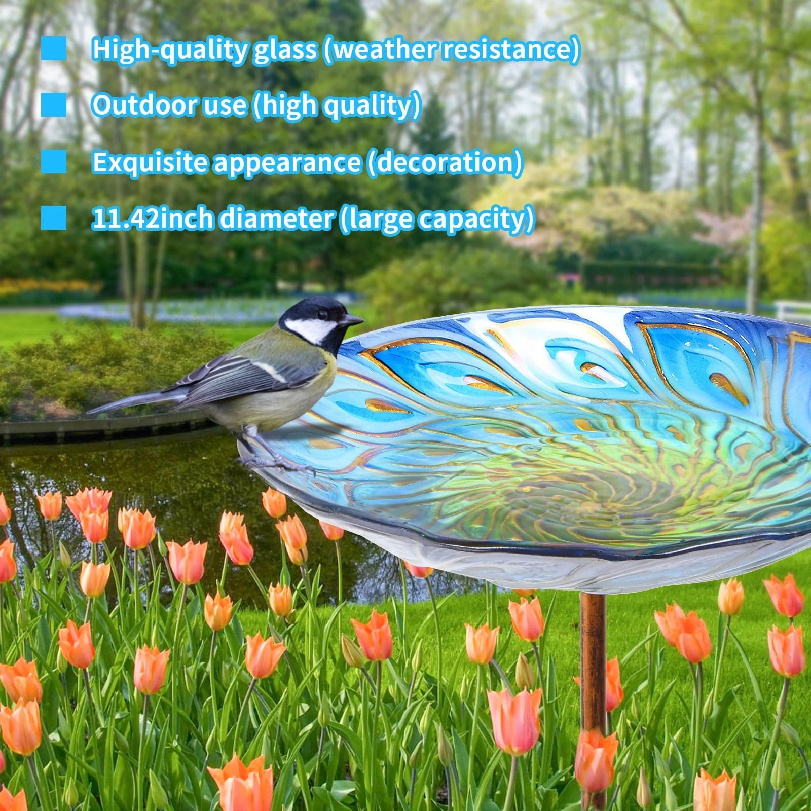 Glass Bird Bath, Garden Outdoor Birdbaths Birdfeeder with Metal Stake Peacock