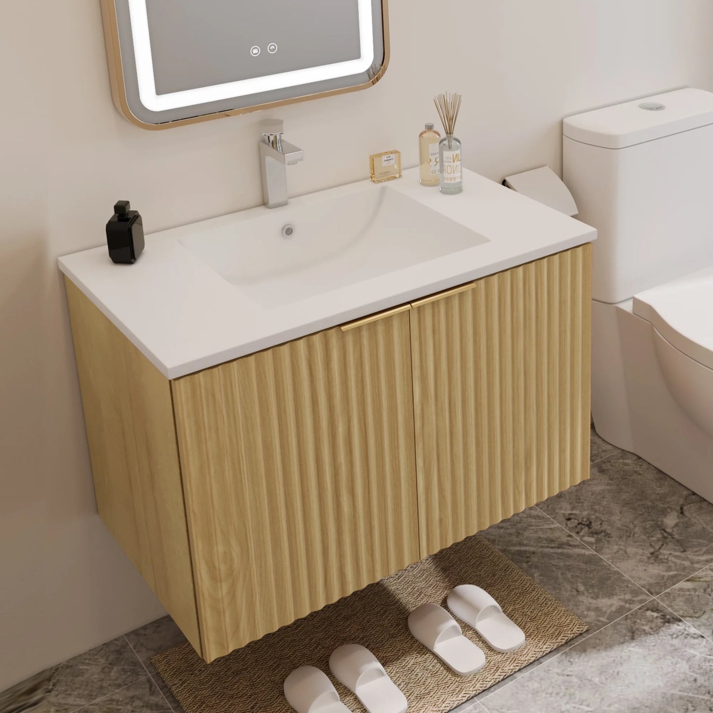 Modern Bathroom Vanity with Wavy Textured Doors - Wall Mounted Floating Cabinet, Soft-Close Waterproof Storage for Small Bathroom, Easy Install (Nature with Sink, 30)