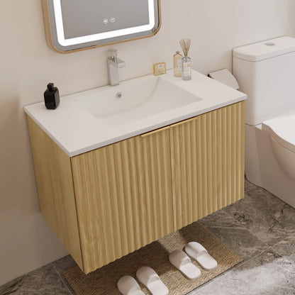 Modern Bathroom Vanity with Wavy Textured Doors - Wall Mounted Floating Cabinet, Soft-Close Waterproof Storage for Small Bathroom, Easy Install (Nature with Sink, 30)