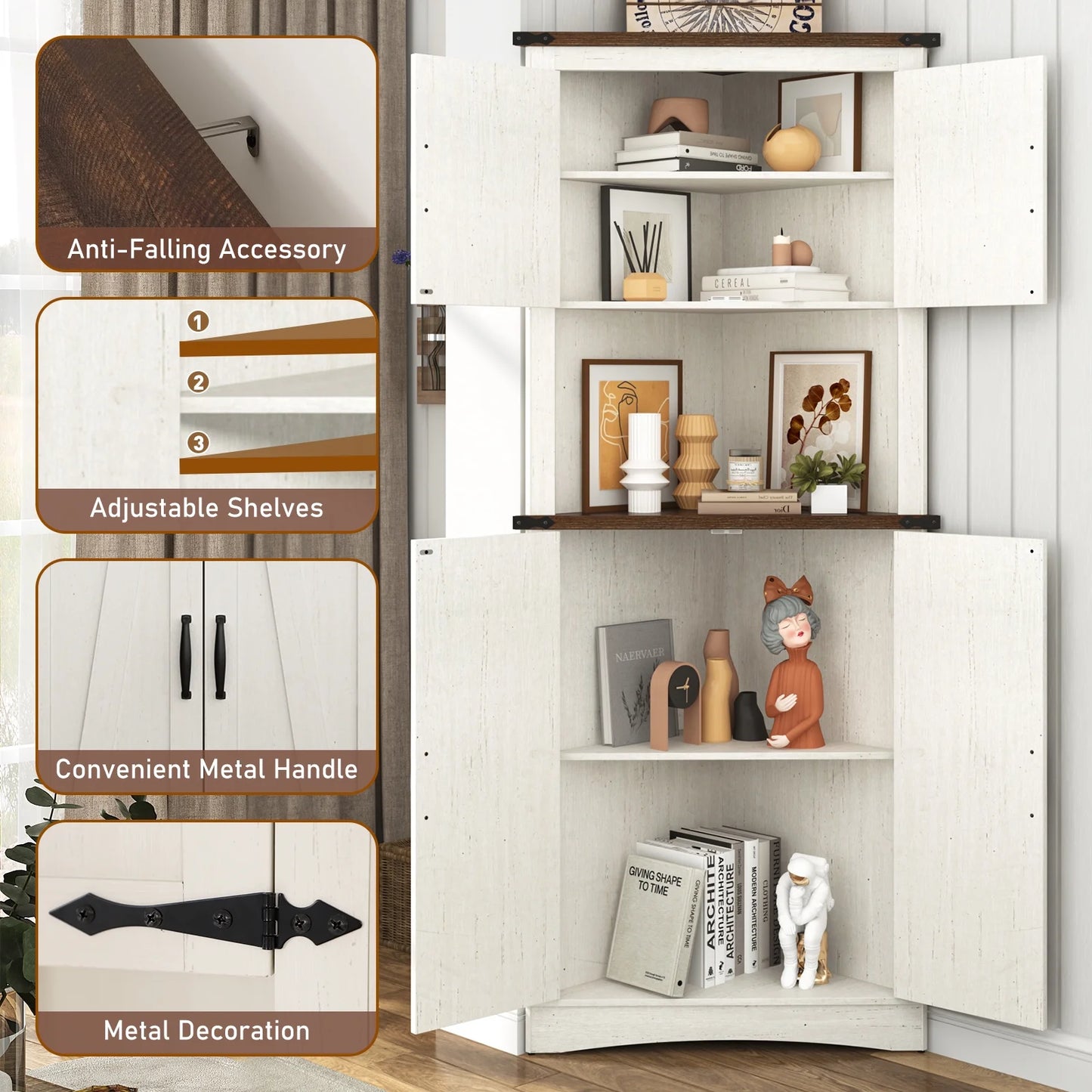 Blotout 68" Tall Farmhouse Corner Cabinet with 4 Doors, 28.3" W Barn Door Storage Cabinet with Adjustable Shelves, 5 Tier Corner Storage Cabinet for Bathroom,Living Room,Kitchen