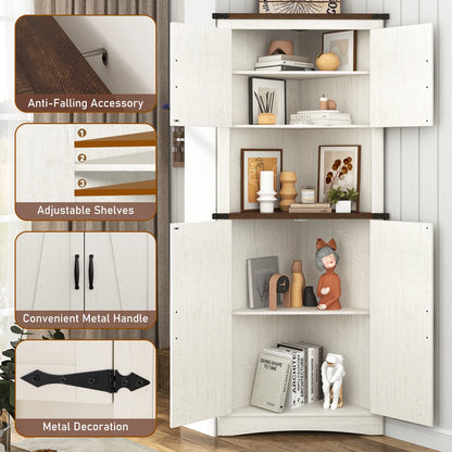 Blotout 68" Tall Farmhouse Corner Cabinet with 4 Doors, 28.3" W Barn Door Storage Cabinet with Adjustable Shelves, 5 Tier Corner Storage Cabinet for Bathroom,Living Room,Kitchen