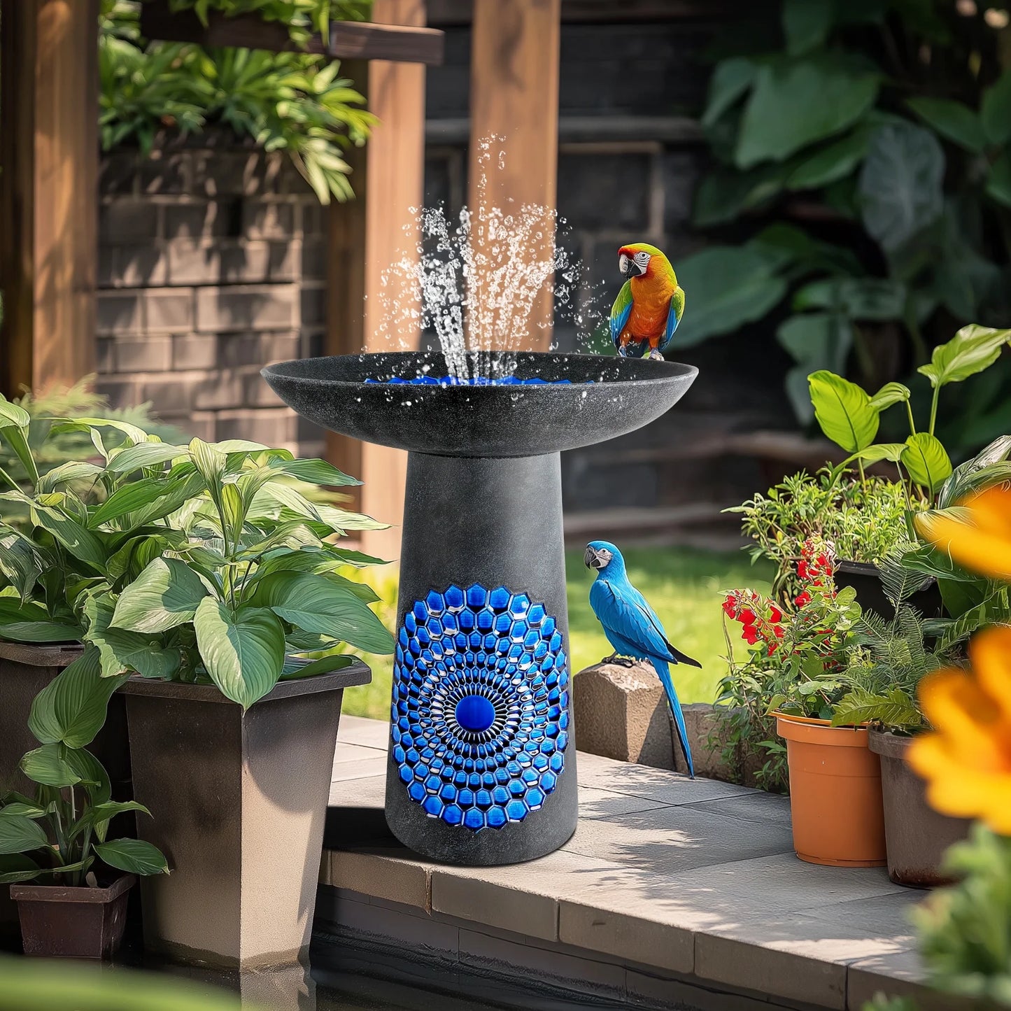 BUYMAX Tall Ceramic Bird Bath for Garden, UV-Resistant, Diamond Blue Grey