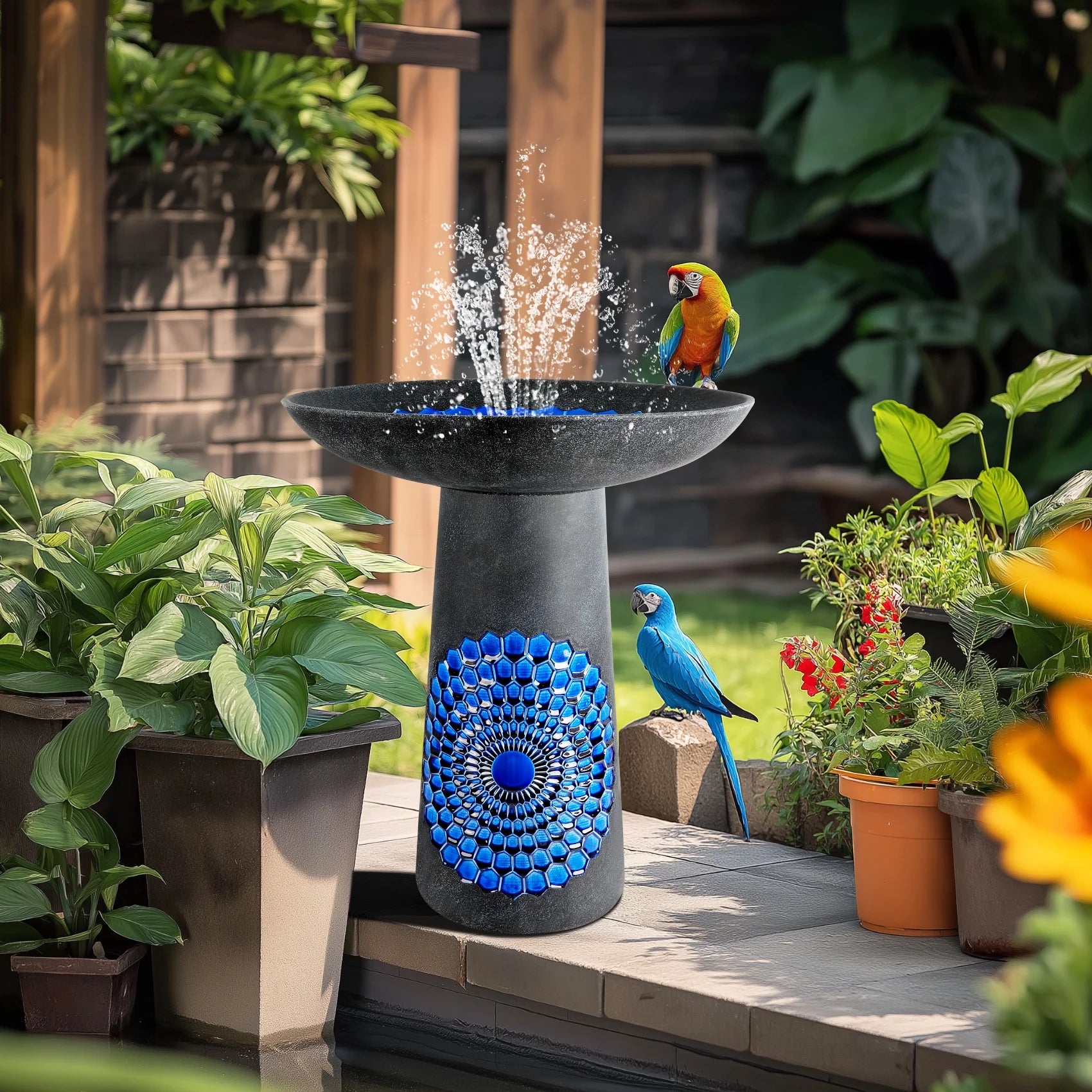 BUYMAX Tall Ceramic Bird Bath for Garden, UV-Resistant, Diamond Blue Grey